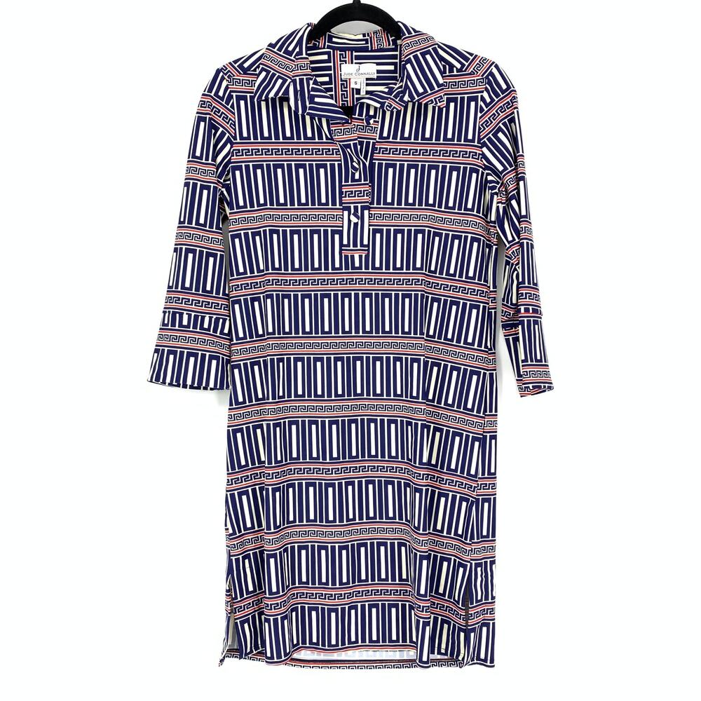 Jude Connally Women's Size Small Shirt Dress Blue White Red Geometric Print